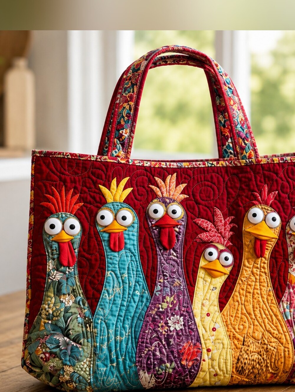 Colorful Red Rooster Quilted Tote Bag, De Colores Tote Bag